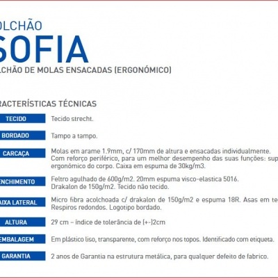 Texto técnico sobre o colchão SOFIA com especificações técnicas e características do produto