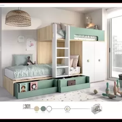 Quarto infantil com camas duplas, armário branco e decoração moderna