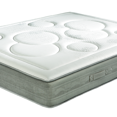 Colchão retangular branco com padrão de círculos e laterais cinza com alças