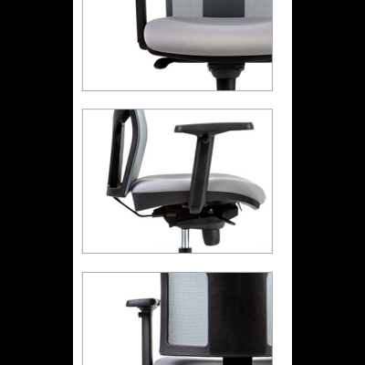 Cadeira de escritório cinza com encosto em rede e braços ajustáveis pretos