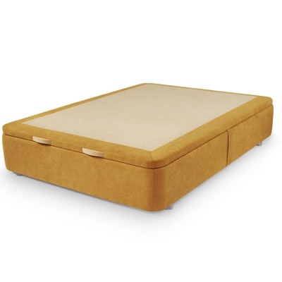 Colchão com base estofada castanho claro com superfície texturada bege e gavetas embutidas