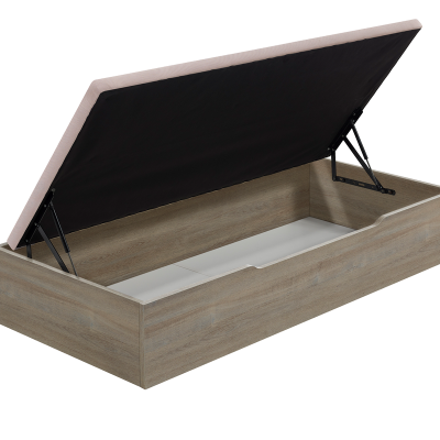 Cama com baú em madeira clara e tampo estofado rosa claro levantado