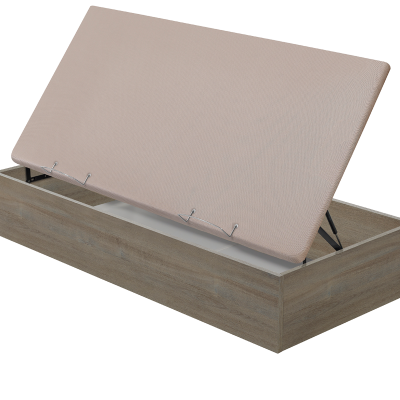 Cama com caixa de arrumação em madeira clara e colchão bege aberto