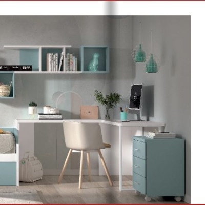 Quarto juvenil moderno com cama branca e azul, mesa de estudo, estantes com livros e candeeiros verdes