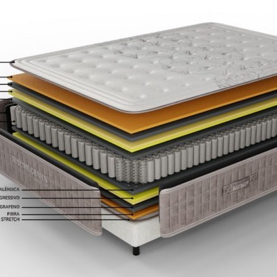 Colchão cortado ao meio mostrando camadas internas e etiquetas