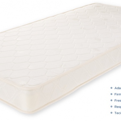 Colchão branco com padrão geométrico, legenda com características e tecido hipoalergénico