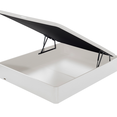 Cama caixa branca com tampa elevatória aberta