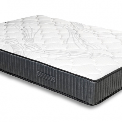 Colchão branco acolchoado com laterais cinza e pegas pretas