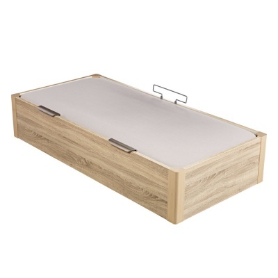 Cama individual com estrutura de madeira carvalho e tampo cinza