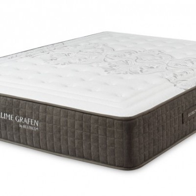 Colchão branco com laterais cinza escuro acolchoado e alças, texto Sublime Garden.