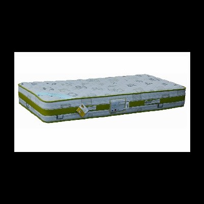 Colchão branco com padrão cinza, bordas verdes e etiquetas na lateral