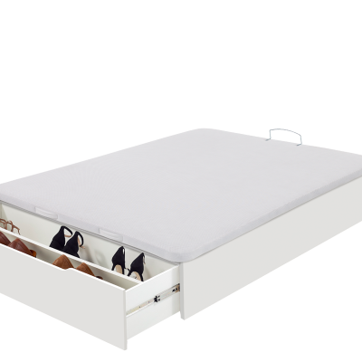 Cama branca com gaveta para sapatos e colchão branco