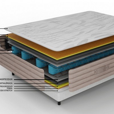 Ilustração em corte transversal de colchão com camadas identificadas e estrutura cinza texturizada