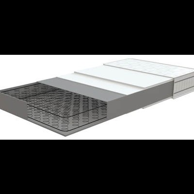 Colchão cortado mostrando molas internas e camadas de espuma branco e cinzento