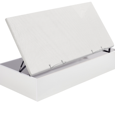 Cama baú branca com tampo estofado cinzento e apoio hidráulico