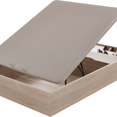 Base de cama elevatória em madeira clara com colchão cinza e compartimento lateral para armazenamento.