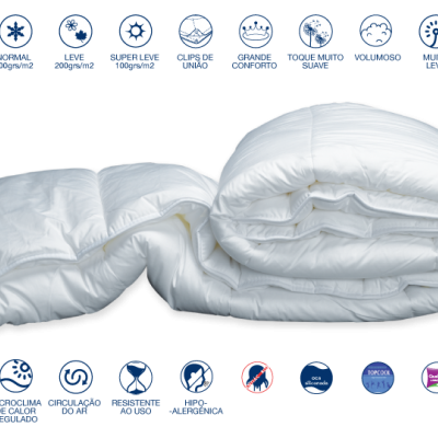 Edredão branco enrolado com ícones de características