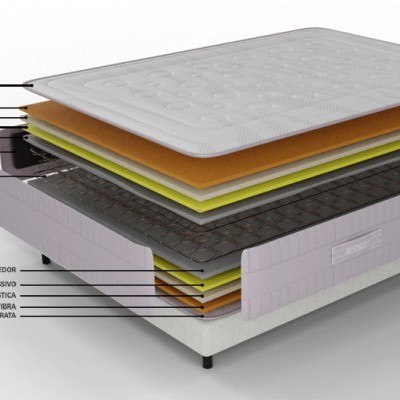 Colchão em corte cruzado exibindo camadas internas e base com etiqueta em português