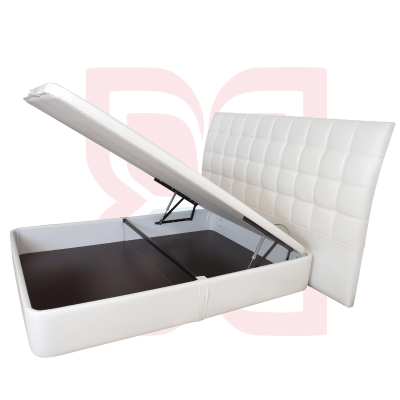 Cama de arrumação branca com cabeceira acolchoada e sistema elevatório aberto