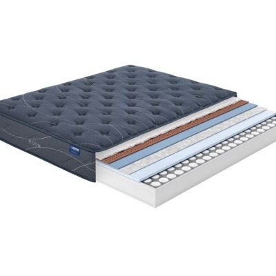 Colchão azul escuro cortado ao meio mostrando camadas internas diferentes