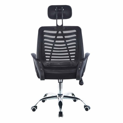Cadeira de escritório preta com encosto em rede e apoio de cabeça