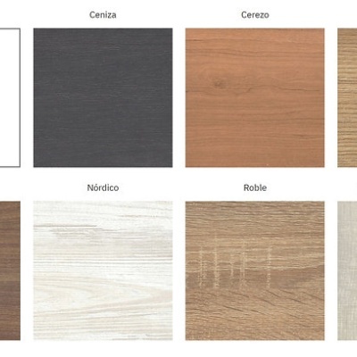 Amostras de materiais para mobiliário de várias cores e texturas, com nomes em espanhol acima de cada uma.