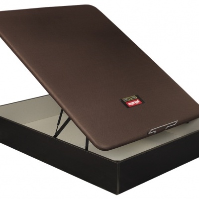 Armazenamento de cama com tampa estofada marrom e estrutura preta