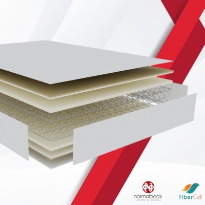 camadas de almofada ou colchão com logos Normablock e FiberCel
