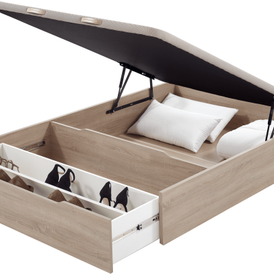 Cama caixa de madeira clara com gaveta aberta e pistões pretos