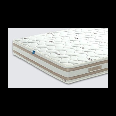 Colchão branco acolchoado com bordas bege e etiqueta XXL