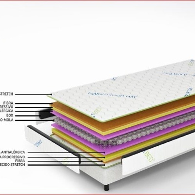 Colchão Bestbed em corte com várias camadas e estrutura de cama branca