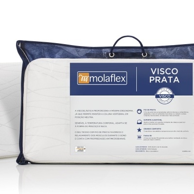 Almofada Molaflex Visco Prata em embalagem transparente com bordas azul escuro, etiqueta azul e branca