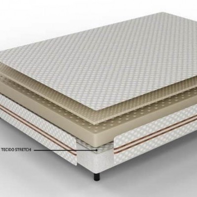 Colchão com camadas visíveis e etiquetas de materiais em cima de uma base de cama.