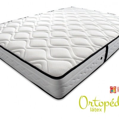 Colchão ortopédico branco com bordas pretas e texto Mindol Sleep Ortopédico látex