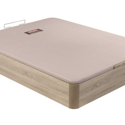 Base de cama bege e madeira clara com etiqueta Flex