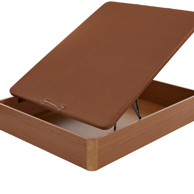 Cama arrumação com estrutura de madeira e tampo estofado castanho aberto