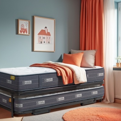 Cama com colchão cinzento escuro e branco num quarto com parede azul e cortinas laranja