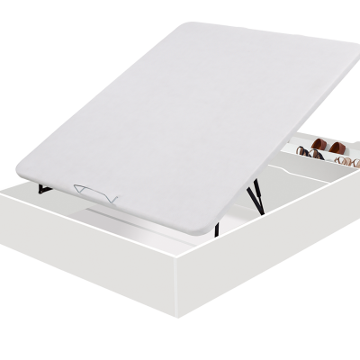 Cama branca com colchão levantado e gaveta lateral aberta