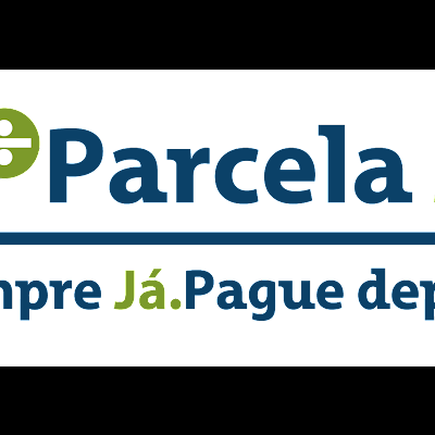 Logótipo Parcela Já com carrinho de compras e slogan.