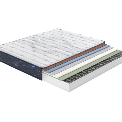 Colchão com várias camadas internas visíveis, incluindo molas e espuma acolchoada branca