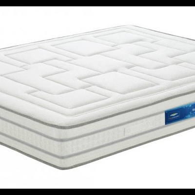 Colchão branco acolchoado com padrão geométrico e etiqueta azul ACTIVE MEMORY