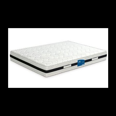 Colchão branco acolchoado com bordas cinza e etiqueta azul