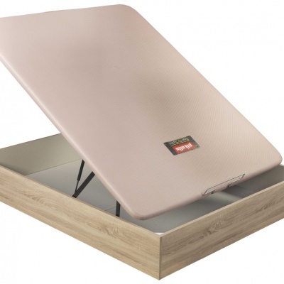 Base de cama com estrutura madeira clara e tampo estofado bege, etiqueta MONT visível