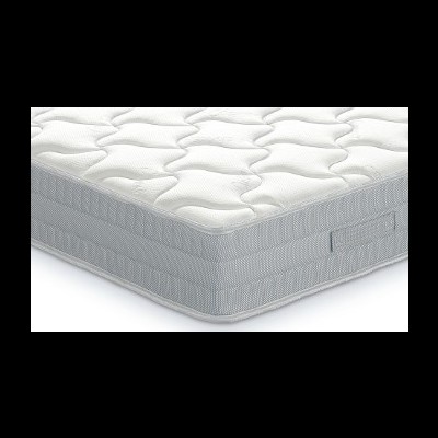 Colchão branco com padrão matelassado com laterais cinzentas e alças de transporte