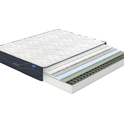 Colchão branco acolchoado com laterais azuis e interior em várias camadas e molas