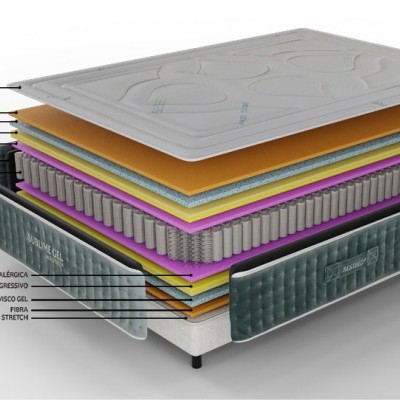 Cama de casal robótica com várias camadas de materiais visíveis, incluindo molas e espuma