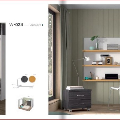 Quartos com cama, estante, secretária, cómoda e guarda-roupa em decoração moderna e cores neutras.