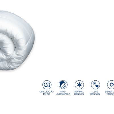 Colchão enrolado branco com ícones de características em fundo preto