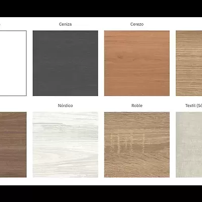 Amostras coloridas de materiais para móveis e decoração com texturas variadas.