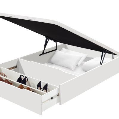 Cama de arrumação branca com gaveta e colchão levantado